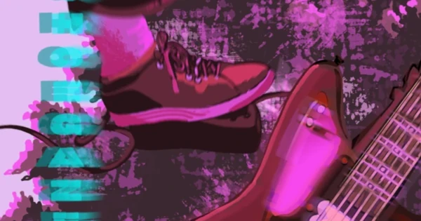 shoegaze pedal, guitar, and feet